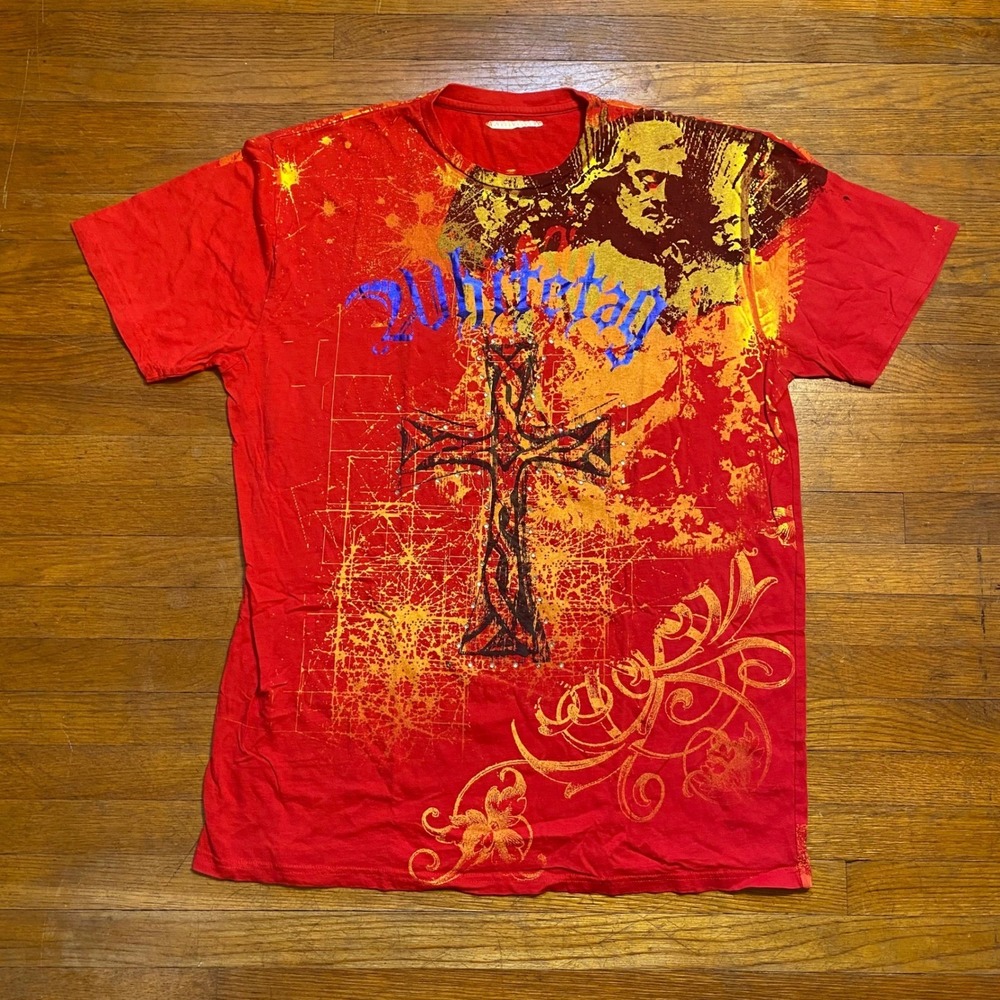 Whitetag‎ Y2K Grunge Cross Wings Rhinestone MMA Tee Mens XXL Red Graphic T-Shirt